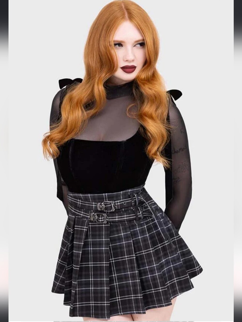 Killstar Black & Gray Plaid Pleated Mini Skirt with Double Buckle Waist